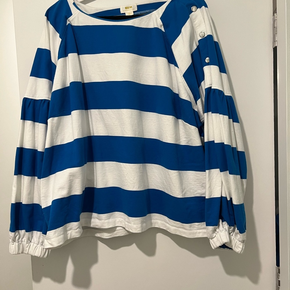 Anthropologie Blue and White Striped Balloon-Sleeve Sweatshirt